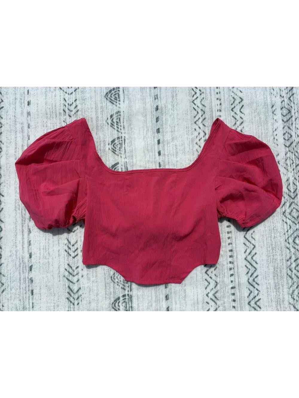 Salant Pink Crop Top Blouse Size S Puff Sleeve Square Neck Tie Back Boho